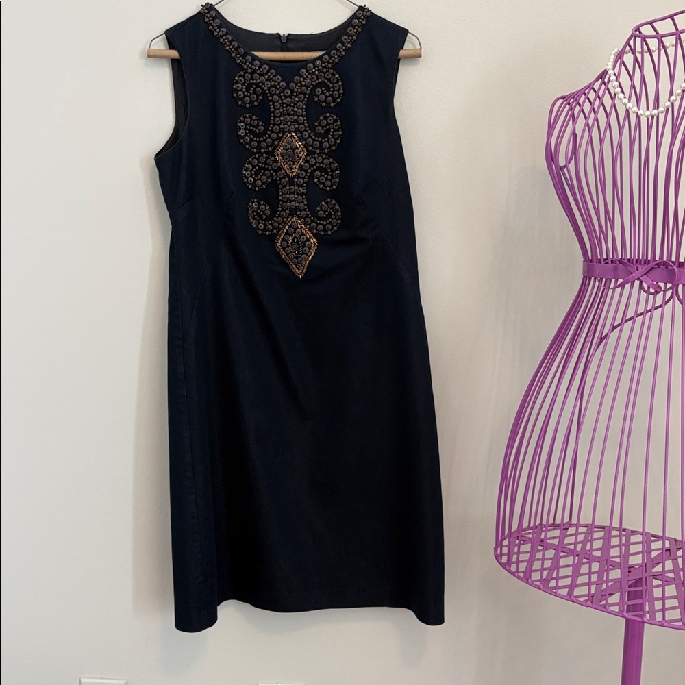 Ellen Tracy Indigo Blue Dress with Embellished Neckline